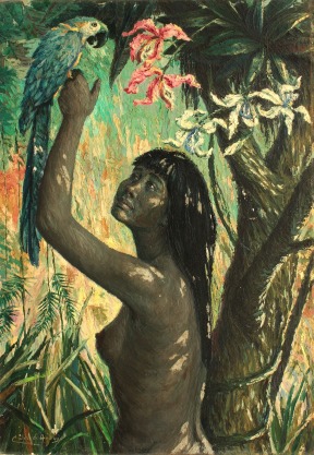 César Calvo de Araujo Mujer con guacamayo y orquídea 1960