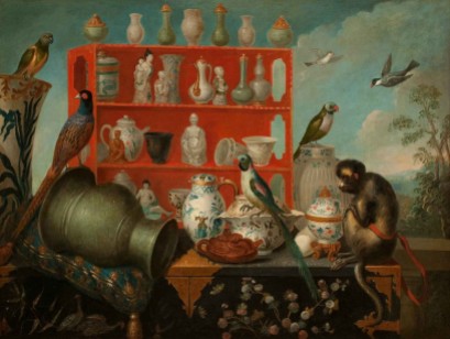 Peintre-anonyme-XVIIIe-siècle-Nature-morte-aux-porcelaines-et-aux-oiseaux-1725 30 105x139cm
